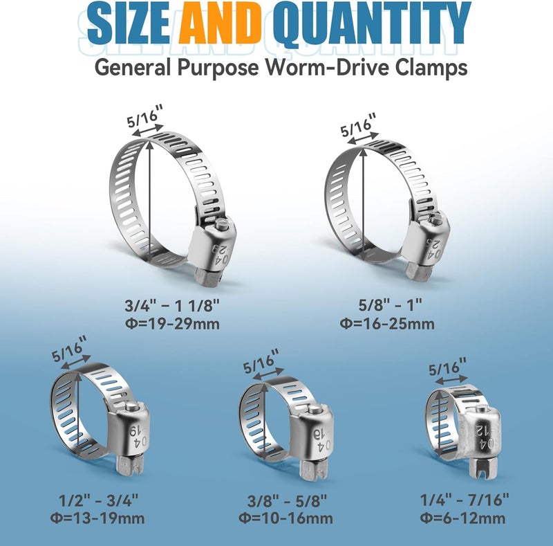 DLOUBLEIY Hose Clamp, 10PCS Stainless Steel Hose Clamps with Worm Gear, Adjustable 3/4'' to 1-1/8'' (19-29mm) for Plumbing, Automotive, and Mechanical Applications - Image 2